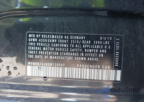 2013 Volkswagen Gti 4-Door from USA, damaged, VIN WVWHD7AJ8DW124043